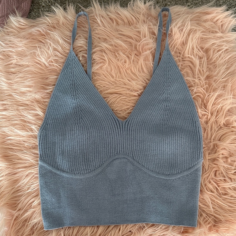 Blue Knit Cropped Tank Top